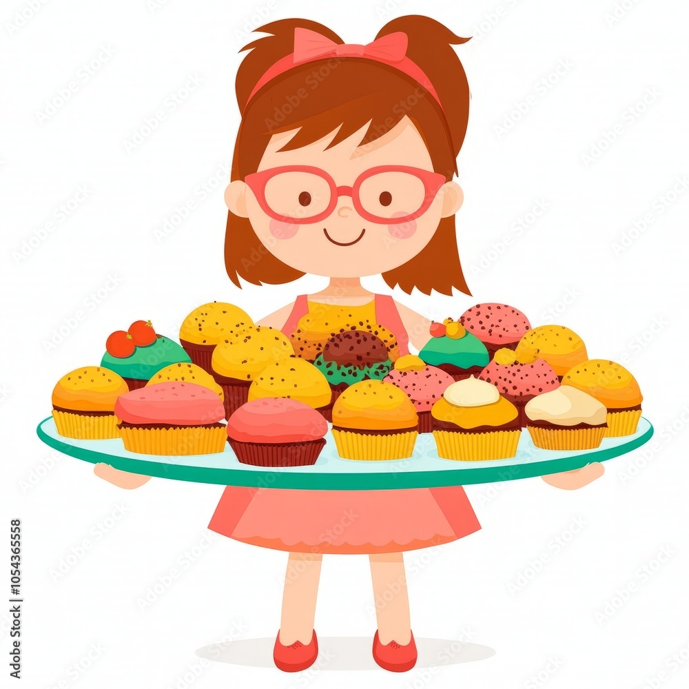 A girl holding a large platter of colorful cupcakes, smiling happily. A girl holding a large platter of colorful cupcakes, smiling happily.