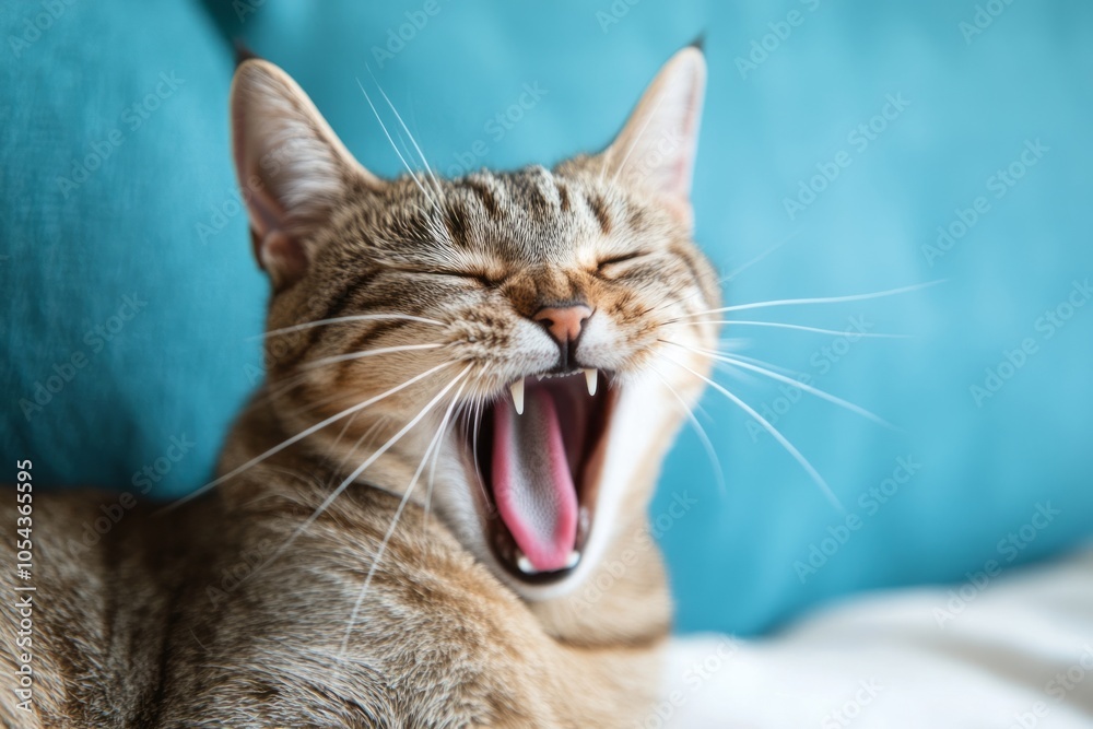 A close-up of a tabby cat yawning, showcasing its teeth and whiskers. The cat is resting on a soft surface with a blue background, creating a cozy atmosphere. A close-up of a tabby cat yawning, showcasing its teeth and whiskers. The cat is resting on a soft surface with a blue background, creating a cozy atmosphere.