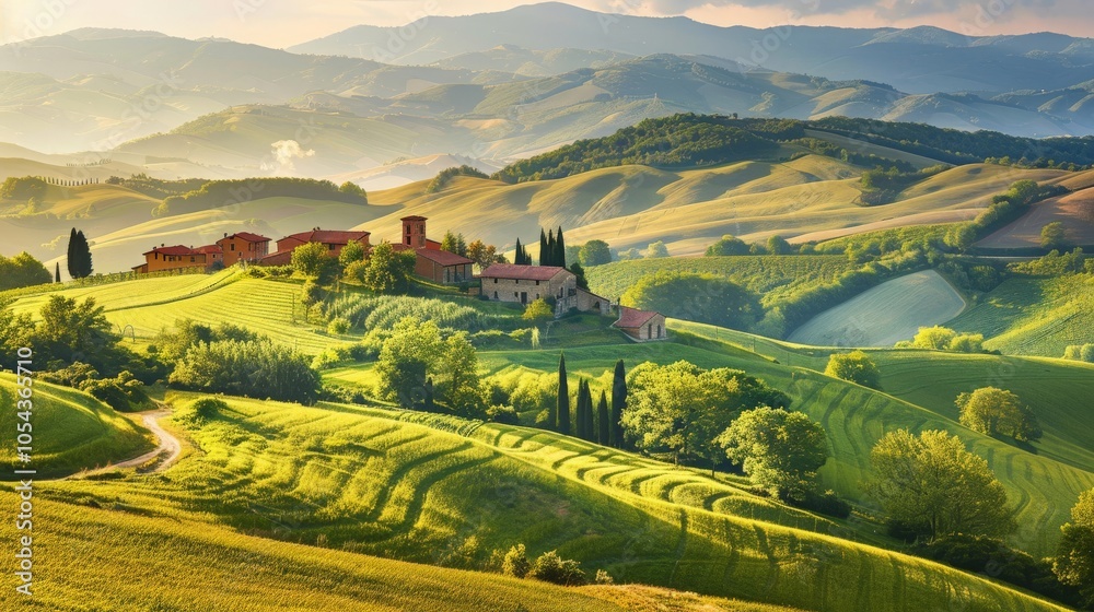 Obraz premium Serene countryside with rolling hills and a quaint village, illustrating the pastoral and idyllic landscapes of Earth