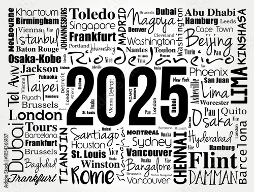 2025 travel cities word cloud collage, trip destinations concept background