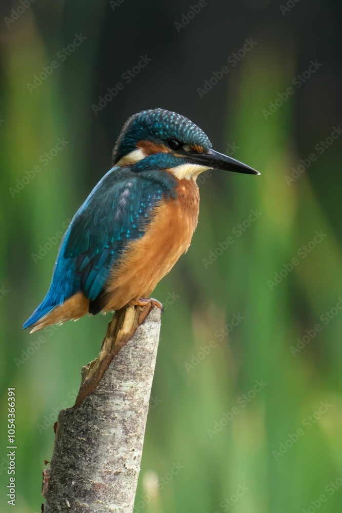 Vibrant kingfisher perches on a branch, its bright blue head and back contrasting with orange chest Vibrant kingfisher perches on a branch, its bright blue head and back contrasting with orange chest