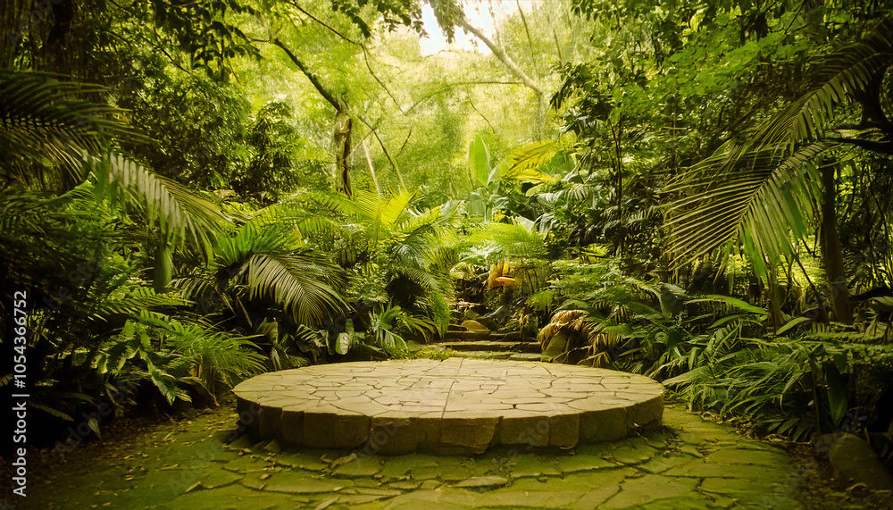empty stand, tropical plants around empty stand, tropical plants around