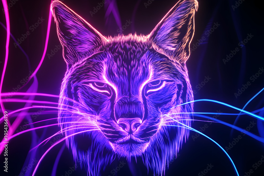 An electrifying 3D illustration of a lynx face outlined in neon with purple and blue light streaks, set against a black backdrop with a 3:2 aspect ratio and 50% scale.