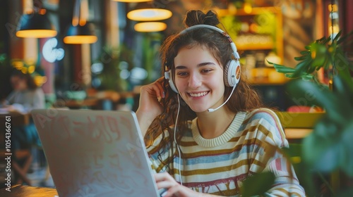 Smiling girl student wear wireless headphone study online with skype teacher, happy young woman learn language listen lecture watch webinar write notes look at laptop sit in cafe, distant education 