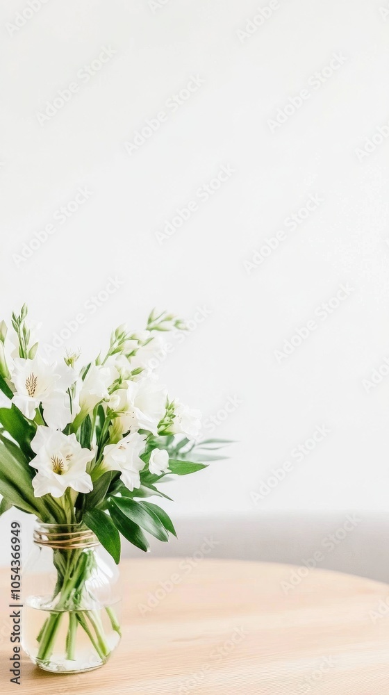 Beautiful gladiolus flowers in a glass vase on a table create a serene atmosphere in a modern living room with a grey sofa Beautiful gladiolus flowers in a glass vase on a table create a serene atmosphere in a modern living room with a grey sofa