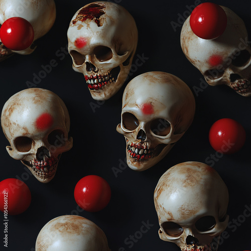 A spooky Halloween scene with scary clown skulls. Their red noses stand out against the black background. Trick or treat!