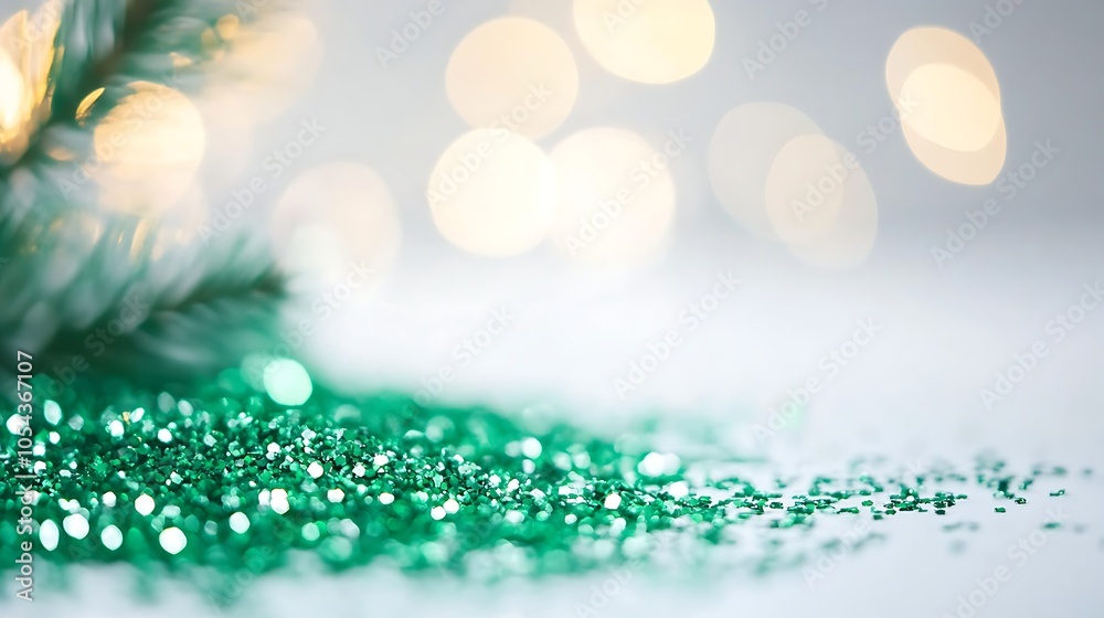 A sparkling green glitter scattered on a white surface, complemented by soft bokeh lights that create an enchanting atmosphere. A sparkling green glitter scattered on a white surface, complemented by soft bokeh lights that create an enchanting atmosphere.