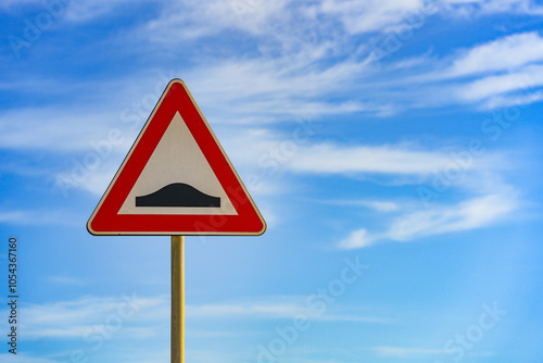 Red and white triangular warning road sign with a warning of a bumpy road ahead concept against a clear blue sky background photo