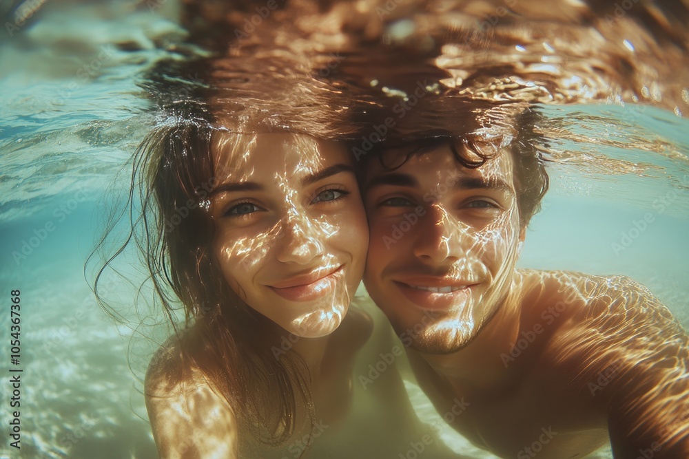 Underwater Couple Smiling in Sunlit Ocean Underwater Couple Smiling in Sunlit Ocean