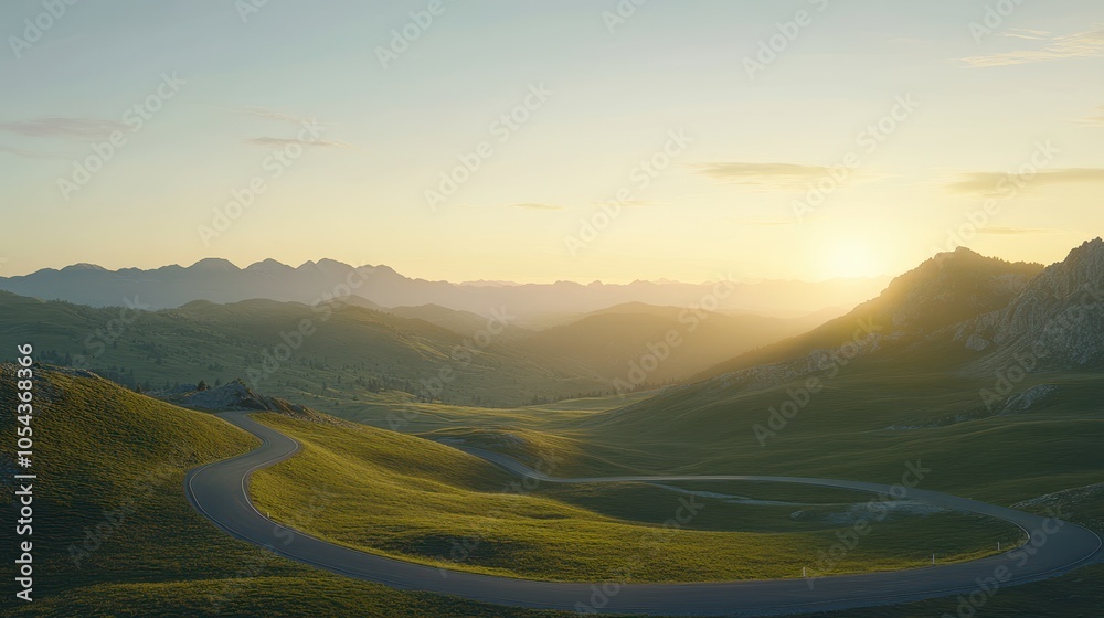 Fototapeta premium Scenic view of winding road through lush green hills at sunset in a mountainous region