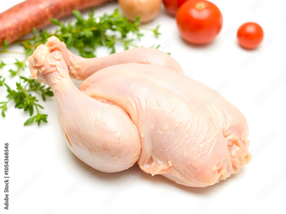 Raw chicken thigh with parsley and tomatoes isolated on a white background Raw chicken thigh with parsley and tomatoes isolated on a white background