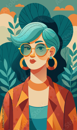 Vector illustration with an unusual woman in coral glasses: style and mood in one.
