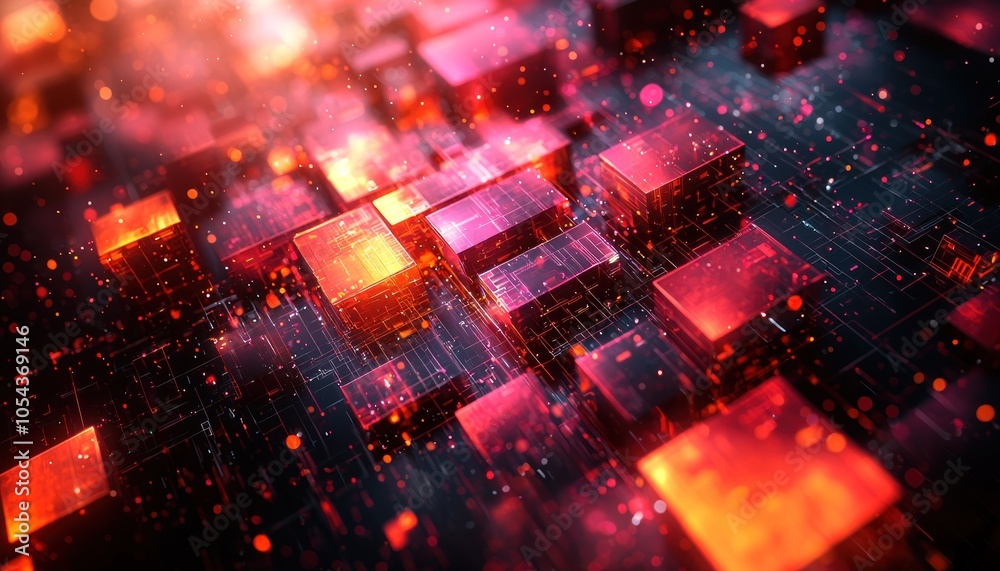 Fototapeta premium Abstract Red and Orange Geometric Shapes with Glowing Lines and Specks