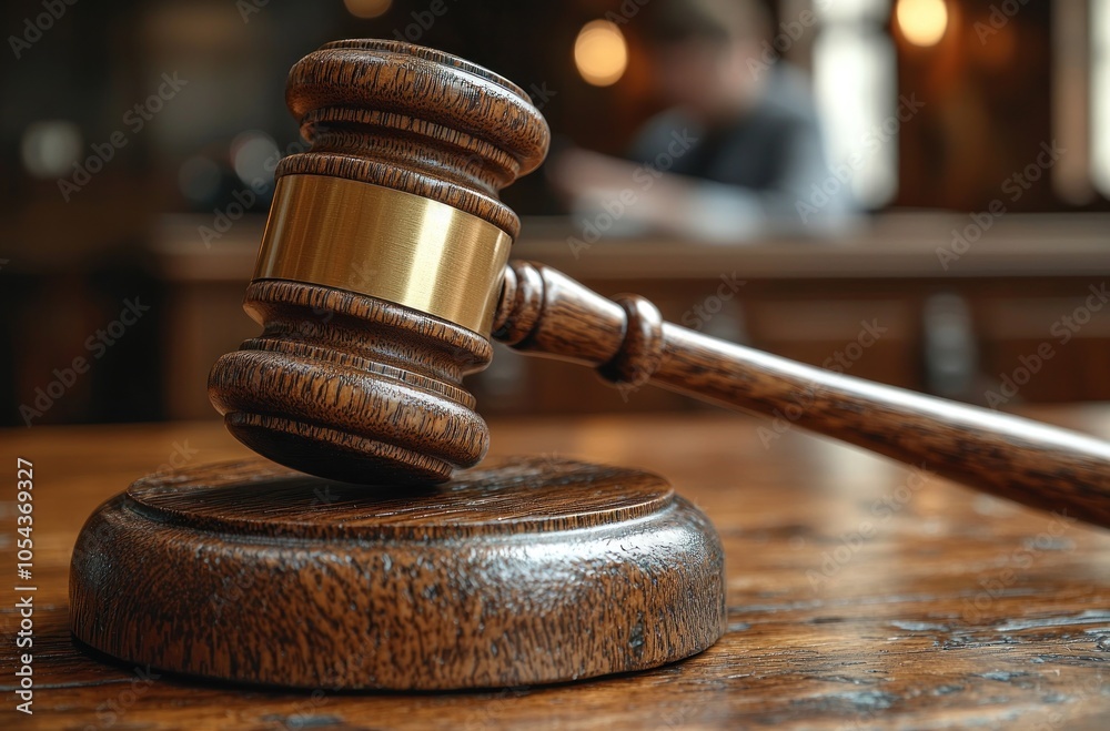 Wooden Gavel on a Wooden Surface with Blurred Background Wooden Gavel on a Wooden Surface with Blurred Background