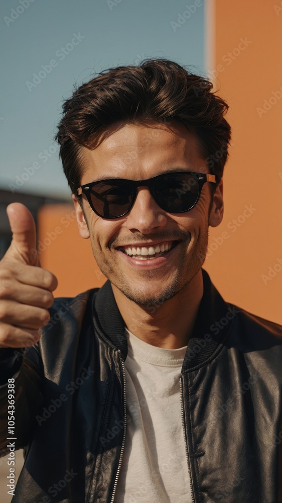 A smiling man in sunglasses gives a thumbs up outside against an orange background on a sunny day A smiling man in sunglasses gives a thumbs up outside against an orange background on a sunny day