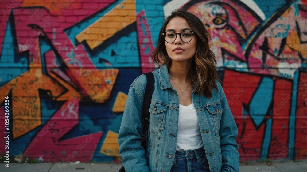 Fototapeta premium Young woman wearing glasses casually poses in front of colorful street art in an urban setting during the afternoon