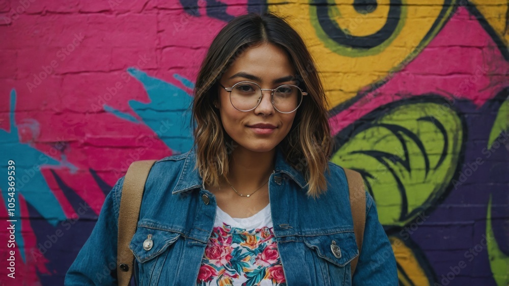 Fototapeta premium A young woman with glasses poses in front of a vibrant graffiti wall adorned with colorful floral and tropical designs in an urban environment