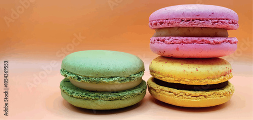 Delicious macaroon cakes isolated. Bright macarons vector background. Sweet background. Multi-colored round cookies and cakes. Bright background.