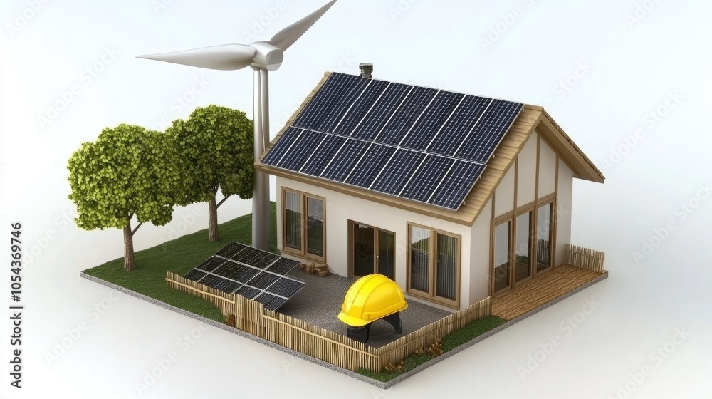 A modern renewable energy setup featuring solar panels, a wind turbine