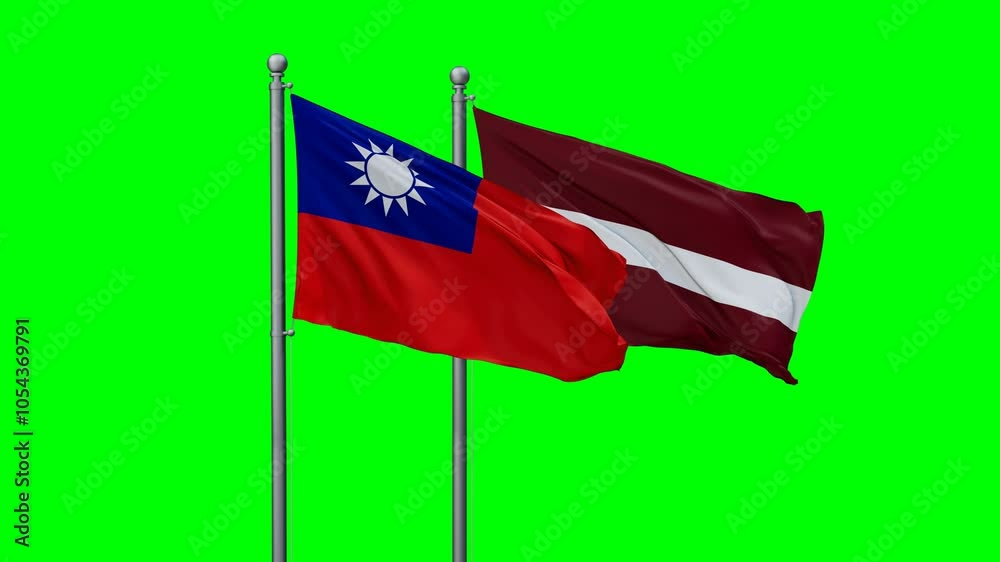 Latvia and Taiwan flags flying together, video concept of the relationship with colored chroma key for easy background remove, two country cooperation concept