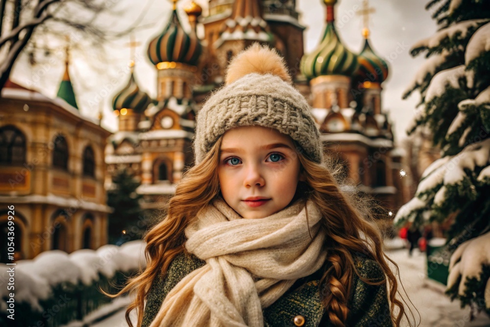 Portrait of a little girl in a warm jacket and hat walking through the winter streets of the city, close-up of her face. The winter season. Portrait of a little girl in a warm jacket and hat walking through the winter streets of the city, close-up of her face. The winter season.