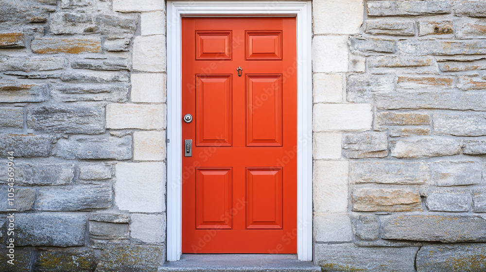 Red Wooden Door Entrance in Stone Wall Building Facade Red Wooden Door Entrance in Stone Wall Building Facade