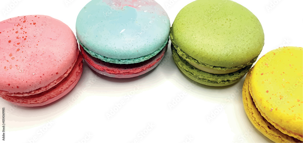 Delicious macaroon cakes isolated. Bright macarons vector background. Sweet background. Multi-colored round cookies and cakes. Bright background.