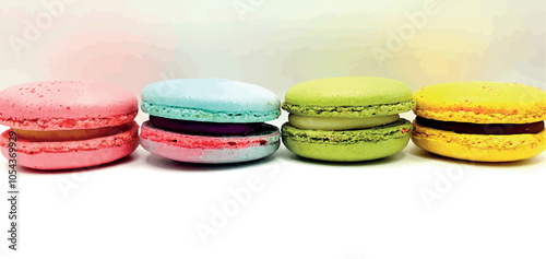 Delicious macaroon cakes isolated. Bright macarons vector background. Sweet background. Multi-colored round cookies and cakes. Bright background.