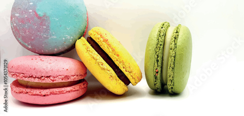 Delicious macaroon cakes isolated. Bright macarons vector background. Sweet background. Multi-colored round cookies and cakes. Bright background.