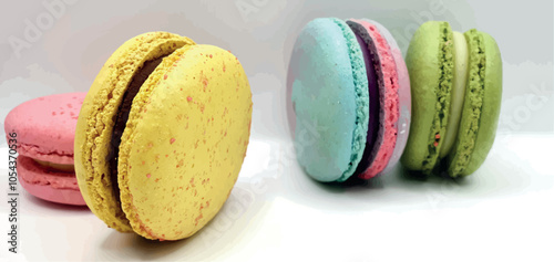 Delicious macaroon cakes isolated. Bright macarons vector background. Sweet background. Multi-colored round cookies and cakes. Bright background.