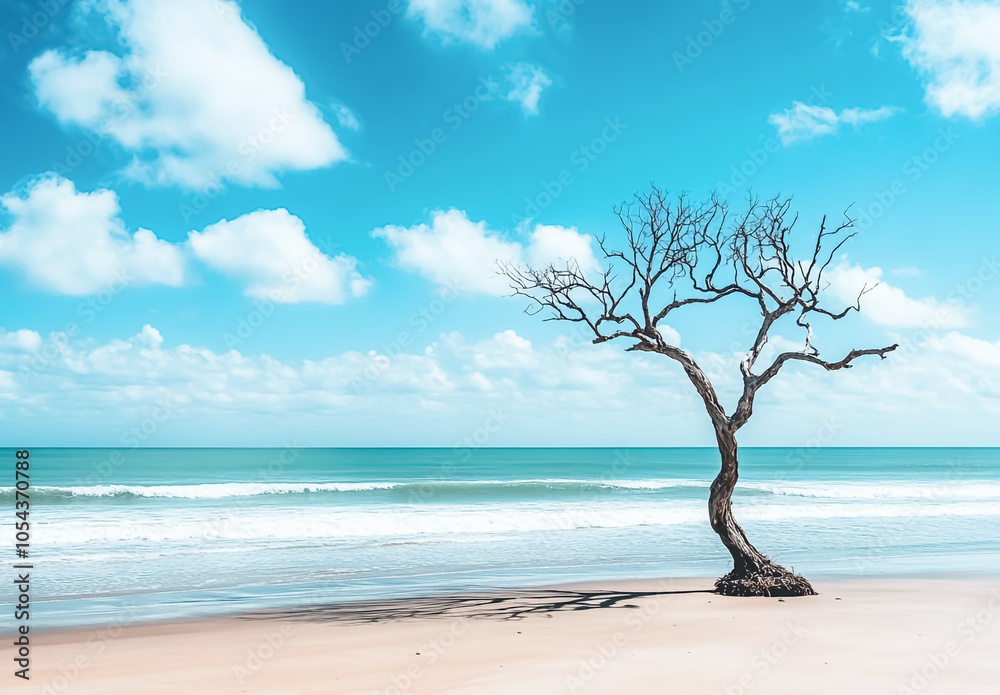 Mystical beach environment landscape with dead tree Mystical beach environment landscape with dead tree