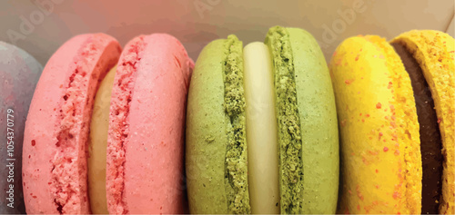 Delicious macaroon cakes isolated. Bright macarons vector background. Sweet background. Multi-colored round cookies and cakes. Bright background.