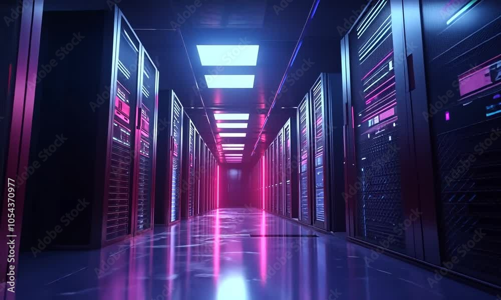 Neon-lit Server Room Corridor Neon-lit Server Room Corridor