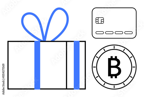 Gift box with blue ribbon, credit card, and Bitcoin symbol. Ideal for e-commerce, digital payments, online shopping, cryptocurrency, gifting, financial transactions, holiday shopping. Line metaphor