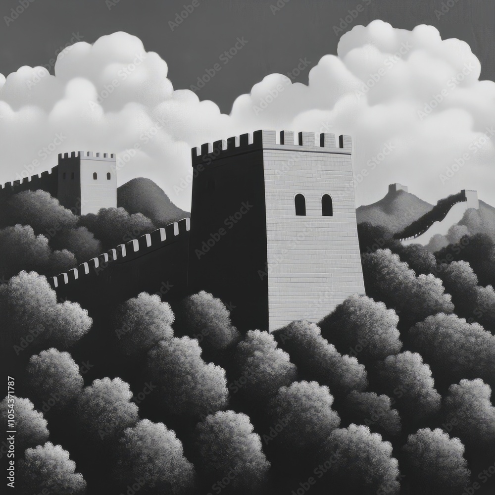 A stylized depiction of the Great Wall of China amidst clouds and trees. A stylized depiction of the Great Wall of China amidst clouds and trees.