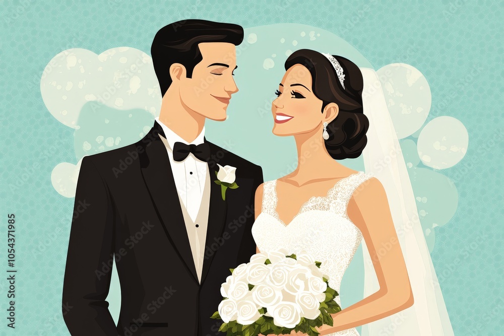 Illustrated bride and groom sharing joyful smiles in formal wedding attire capturing love and happiness in a sweet and minimalistic art style with a soft blue background