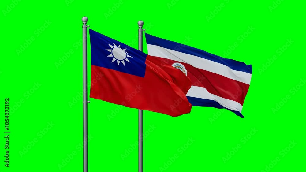 Costa Rico and Taiwan flags flying together, video concept of the relationship with colored chroma key for easy background remove, two country cooperation concept Costa Rico and Taiwan flags flying together, video concept of the relationship with colored chroma key for easy background remove, two country cooperation concept