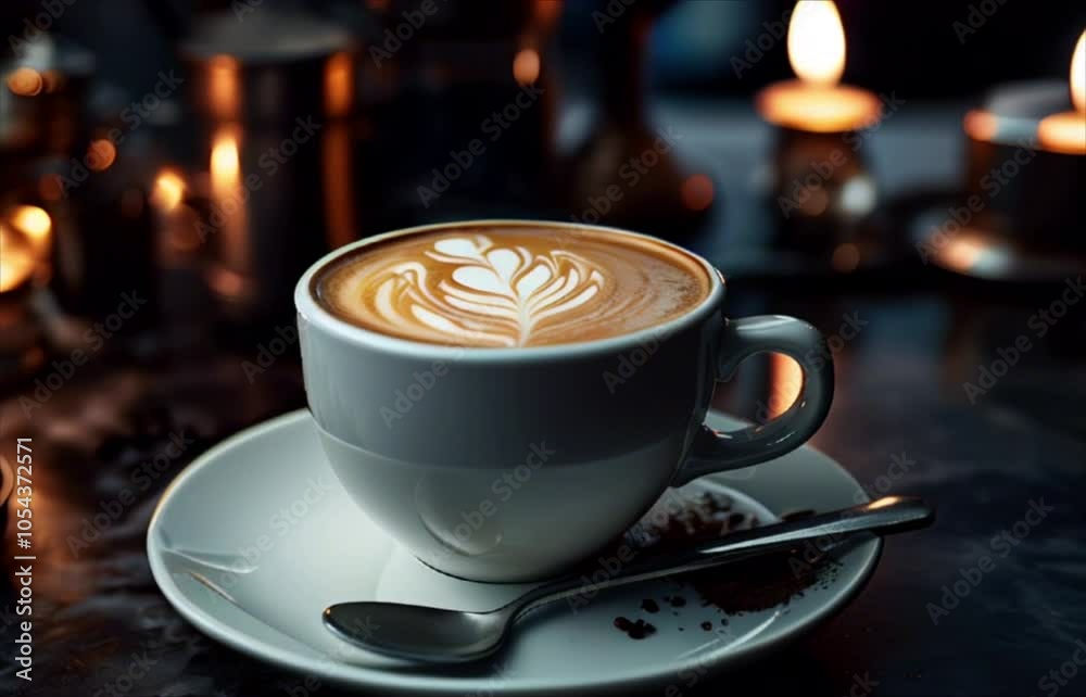 Cup of coffee on wooden table. Morning cappuccino. Candles, romantic atmosphere Cup of coffee on wooden table. Morning cappuccino. Candles, romantic atmosphere