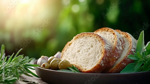 Freshly baked bread with olives and herbs on a rustic plate, bathed in warm sunlight.