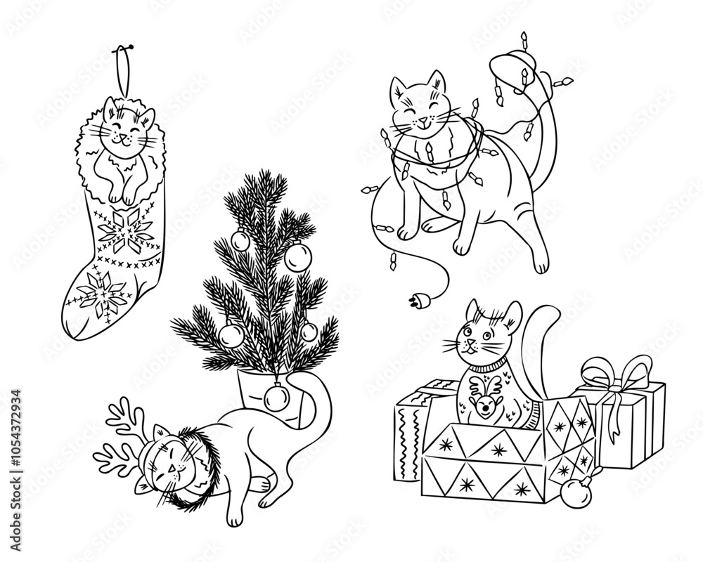 Fototapeta premium Funny contour doodle cats with Christmas tree and decorations. Vector hand drawn lights, gifts, sock and cats isolated on white background. Childish composition for coloring pages, stickers