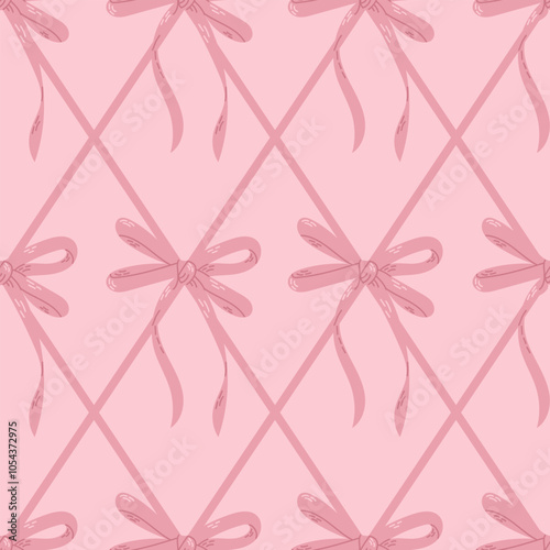 Seamless pink bow pattern with crisscrossing ribbons, creating a delicate and feminine aesthetic, perfect for gift wrap, wallpaper, or textile design, adding a soft, romantic touch