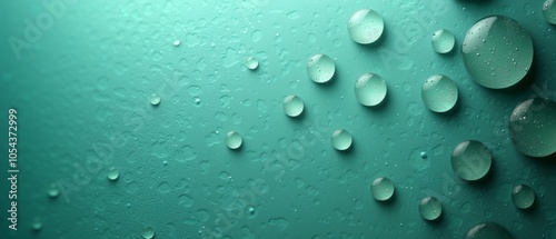 Closeup of water droplets on a textured teal surface with a soft focus and reflective highlights