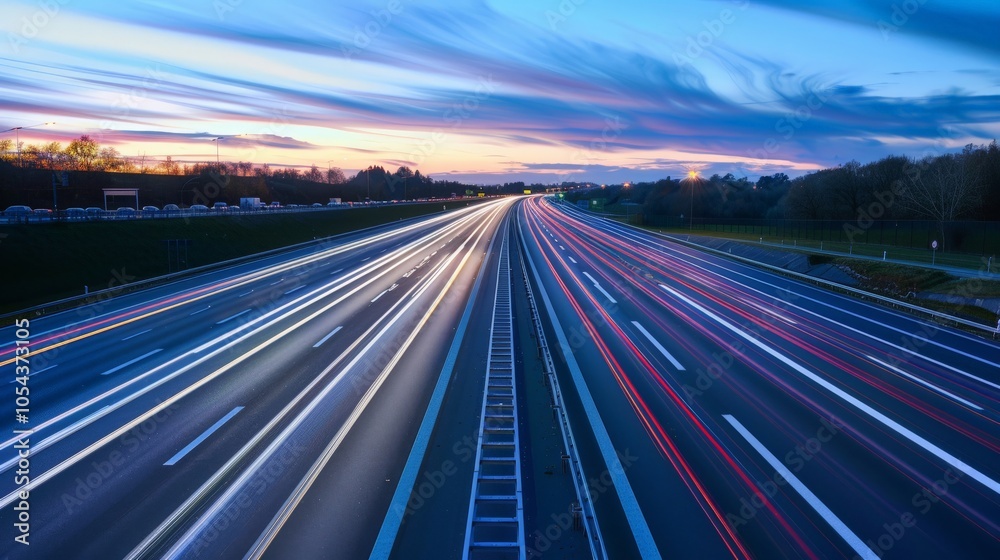 High-speed highway with motion blur of vehicles at dusk High-speed highway with motion blur of vehicles at dusk