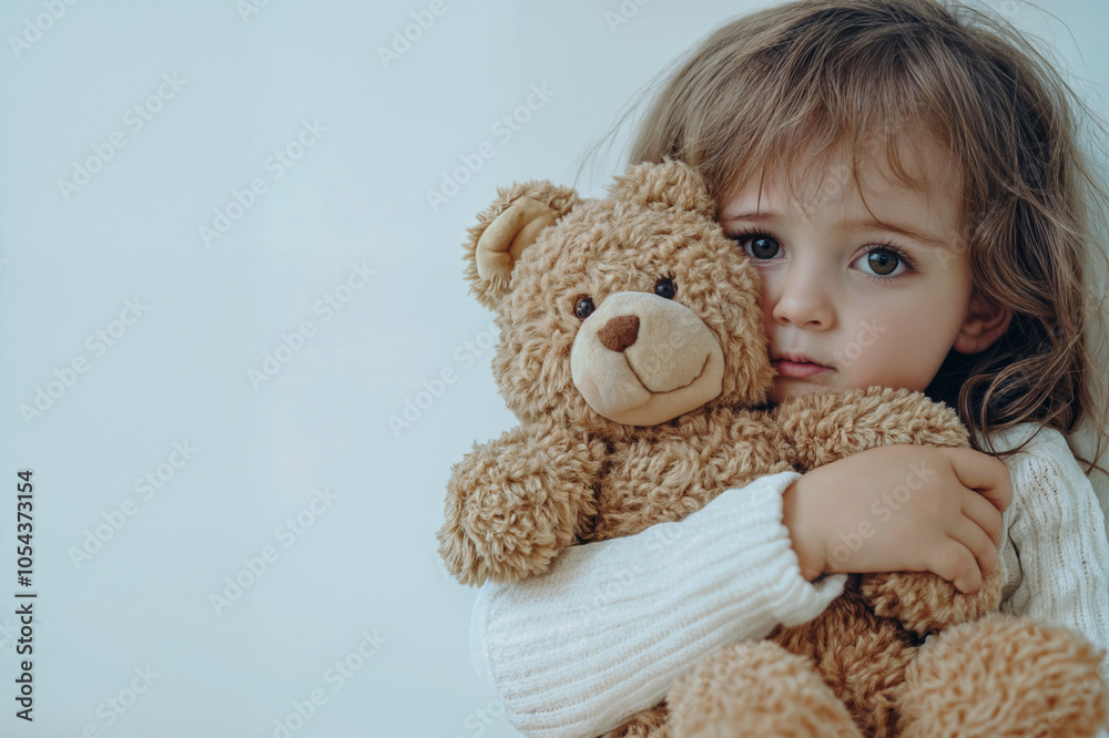 A little girl is hugging her brown teddy bear. The teddy bear is white and the girl is wearing a white sweater. A little girl is hugging her brown teddy bear. The teddy bear is white and the girl is wearing a white sweater.