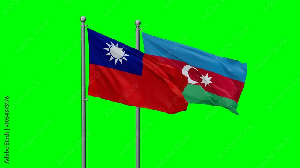 Azerbaijan and Taiwan flags flying together, video concept of the relationship with colored chroma key for easy background remove, two country cooperation concept Azerbaijan and Taiwan flags flying together, video concept of the relationship with colored chroma key for easy background remove, two country cooperation concept