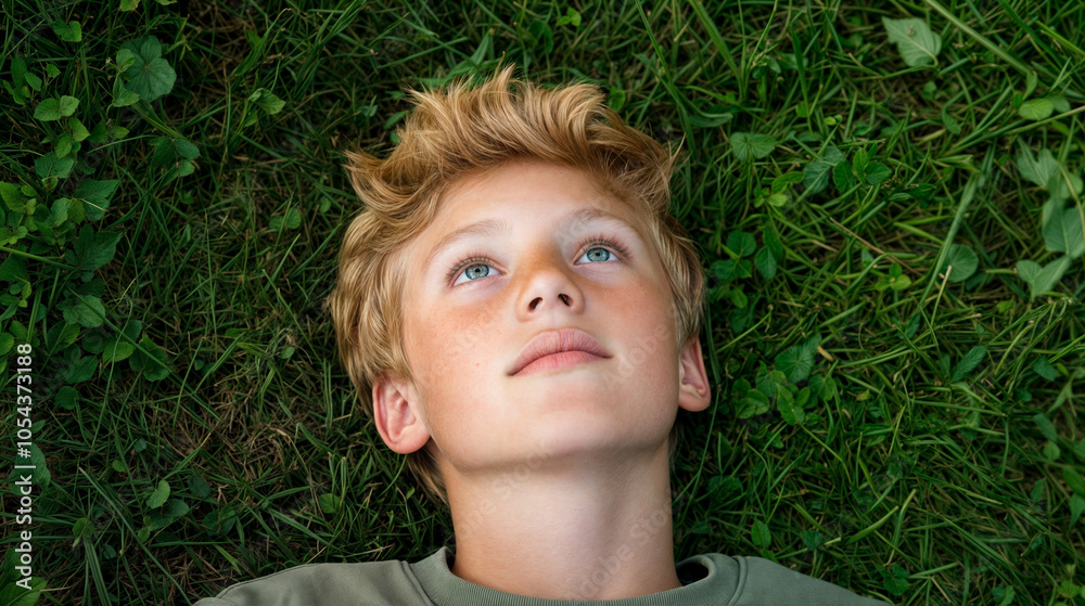 Boy with blonde hair looking up at the sky. He is wearing a grey shirt. Boy with blonde hair looking up at the sky. He is wearing a grey shirt.