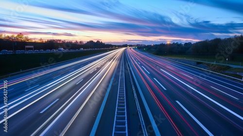 High-speed highway with motion blur of vehicles at dusk