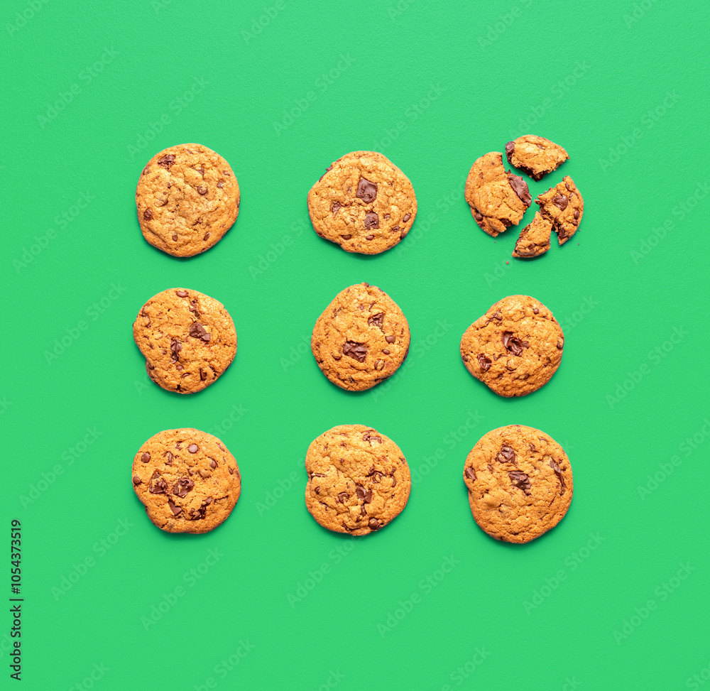 Chocolate chips cookies isolated on a green background, above view Chocolate chips cookies isolated on a green background, above view