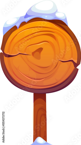 Winter Christmas wooden sign board with snow. Isolated cartoon vector rustic round wood signboard or signpost covered with snow on top. Road direction sign with natural wood texture with visible rings
