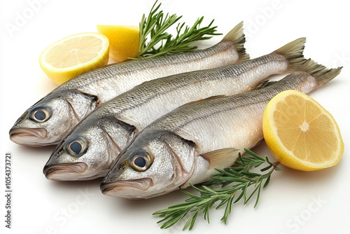 Fresh Hake fish on rosemary and lemon background. Ingredients for cooking.